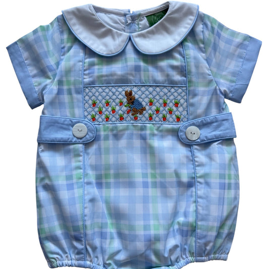 Hand Smocked Peter Rabbit Boys Plaid Bubble Romper