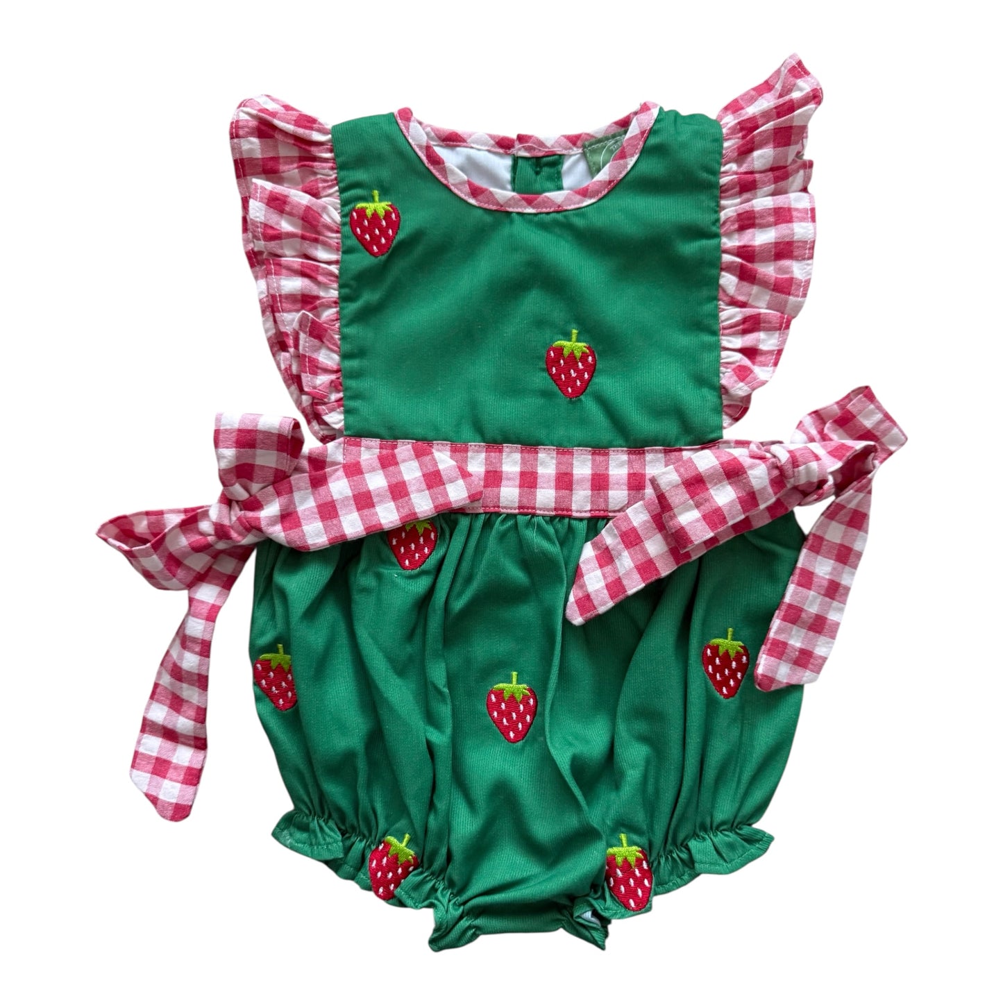 Strawberry Patch Embroidered Green Bubble with Red Gingham Ties