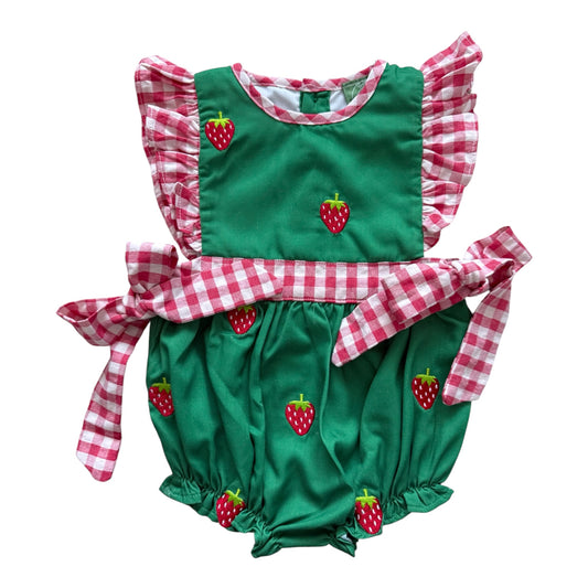 Strawberry Patch Embroidered Green Bubble with Red Gingham Ties