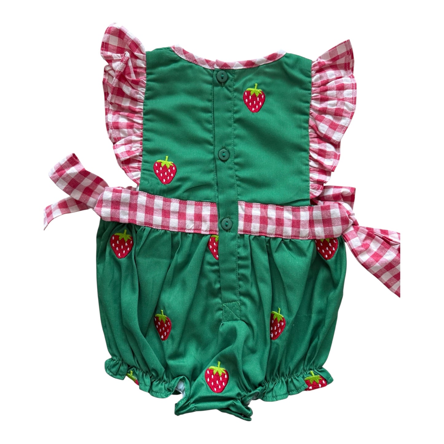 Strawberry Patch Embroidered Green Bubble with Red Gingham Ties