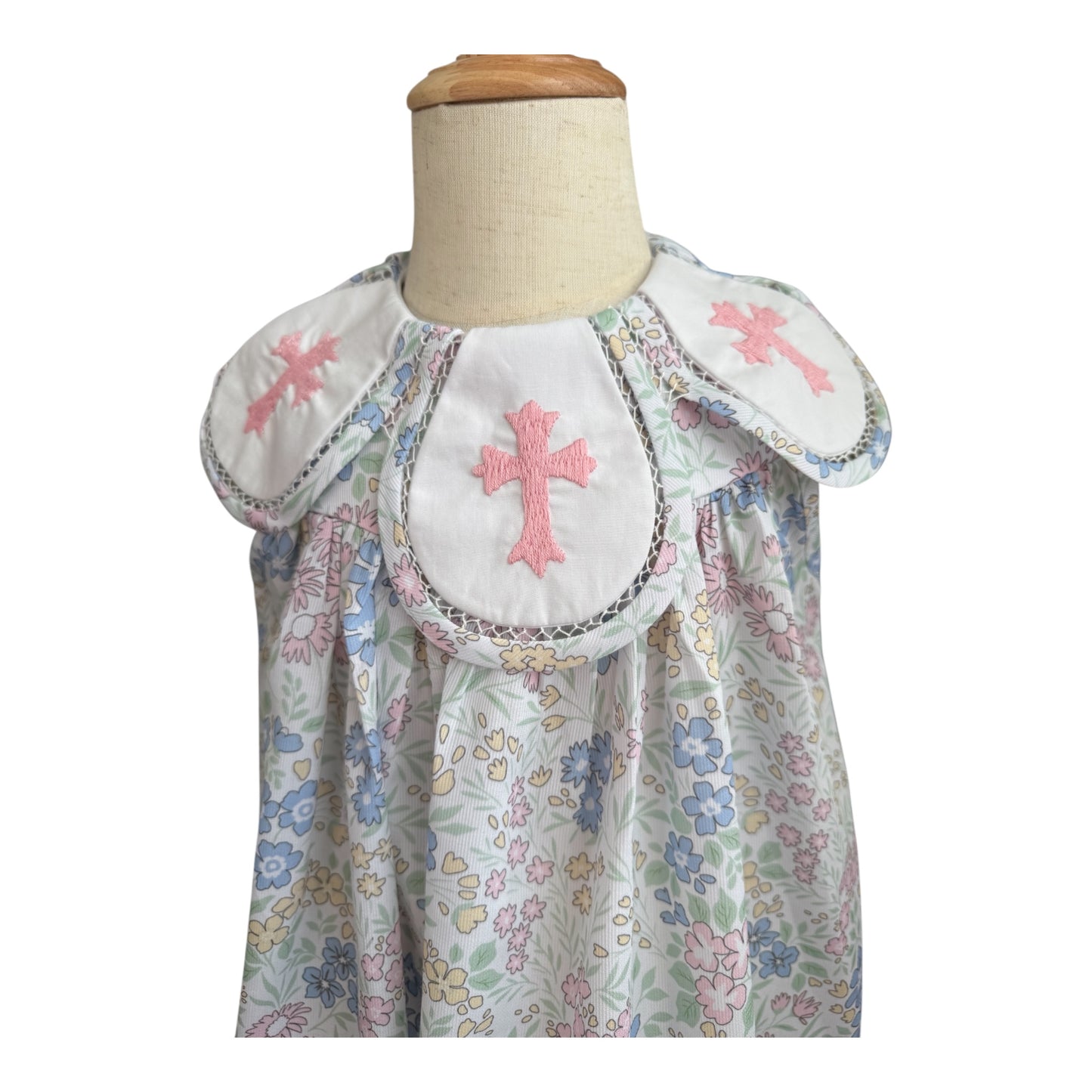 Blue Floral Dress with Embroidered Cross Petal Collar