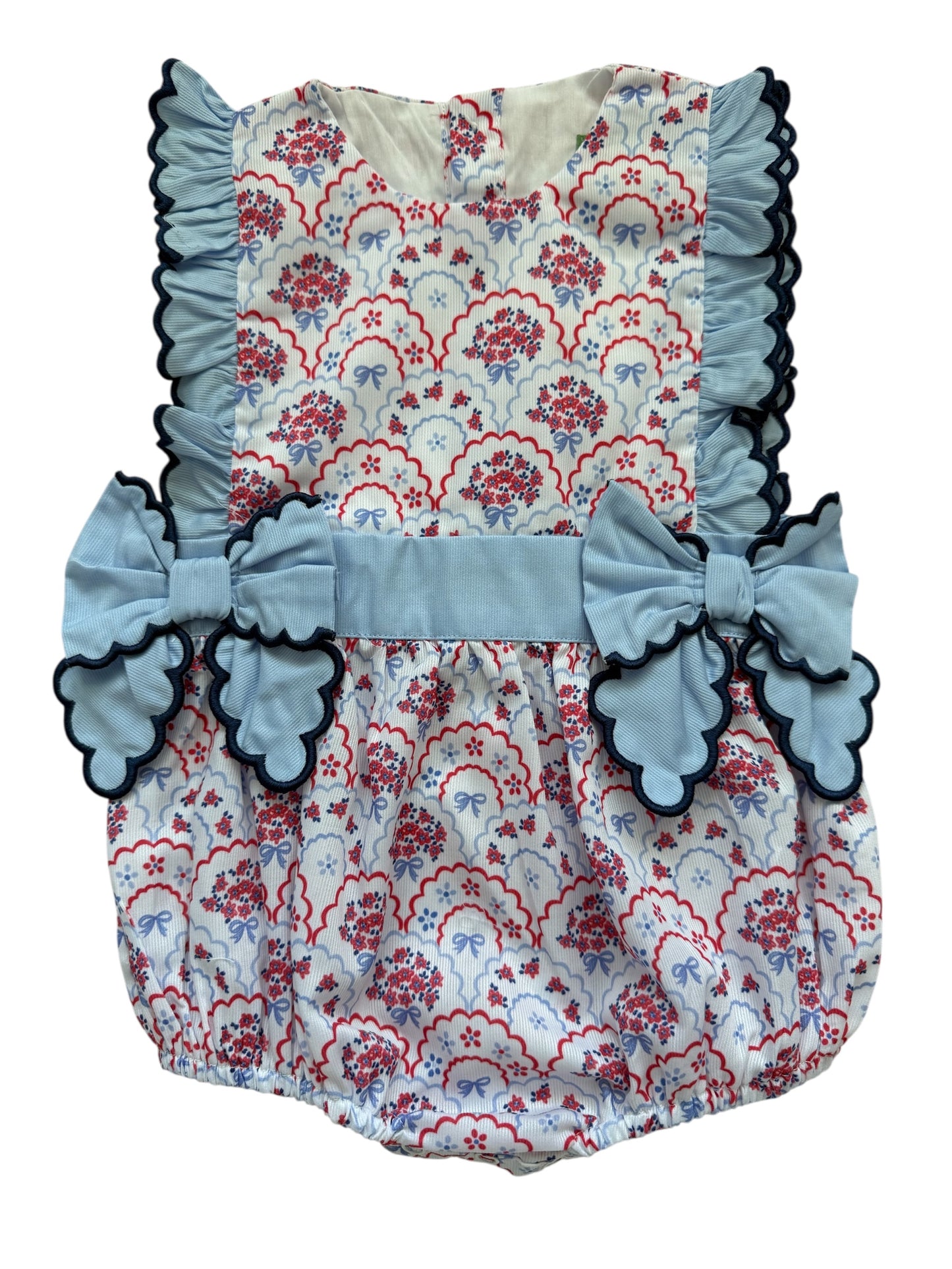 Fourth of July Floral Bow Girls Bubble – Patriotic Smocked Style with Scalloped Trim