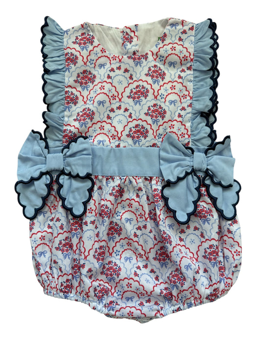 Fourth of July Floral Bow Girls Bubble – Patriotic Smocked Style with Scalloped Trim