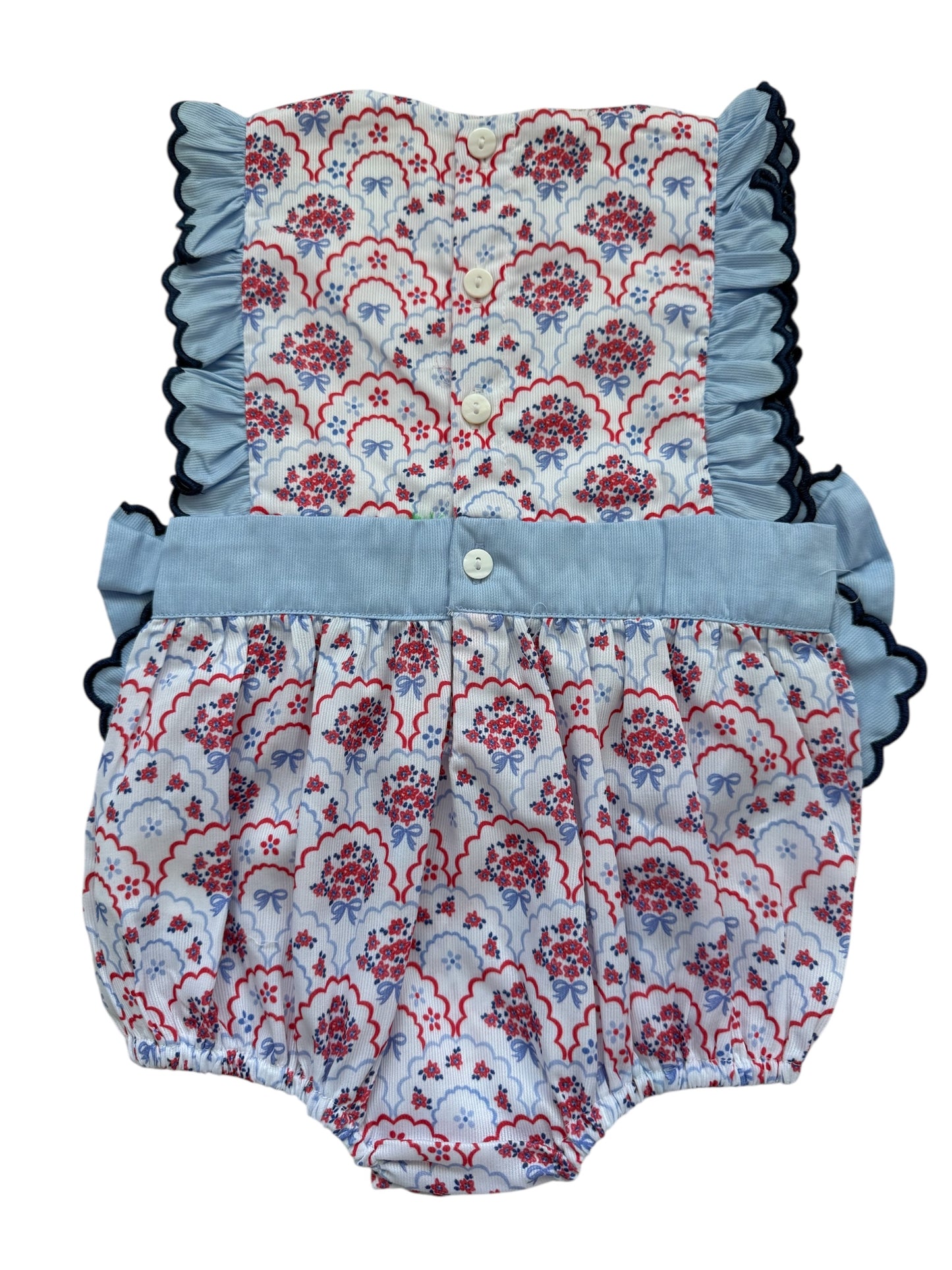 Fourth of July Floral Bow Girls Bubble – Patriotic Smocked Style with Scalloped Trim