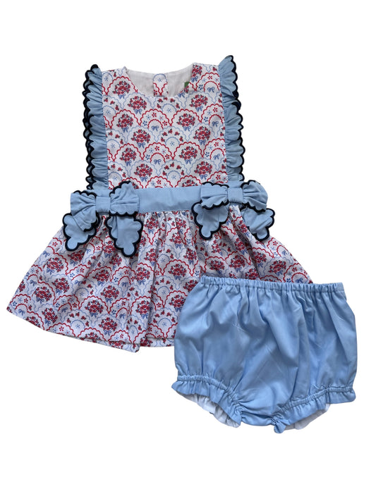 Fourth of July Floral Bow Girls Bloomer Set – Patriotic Scalloped Bow Outfit