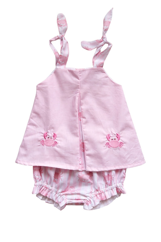 Pink Seaside Crab Embroidered Bloomer Set | Girls Summer Beach Outfit