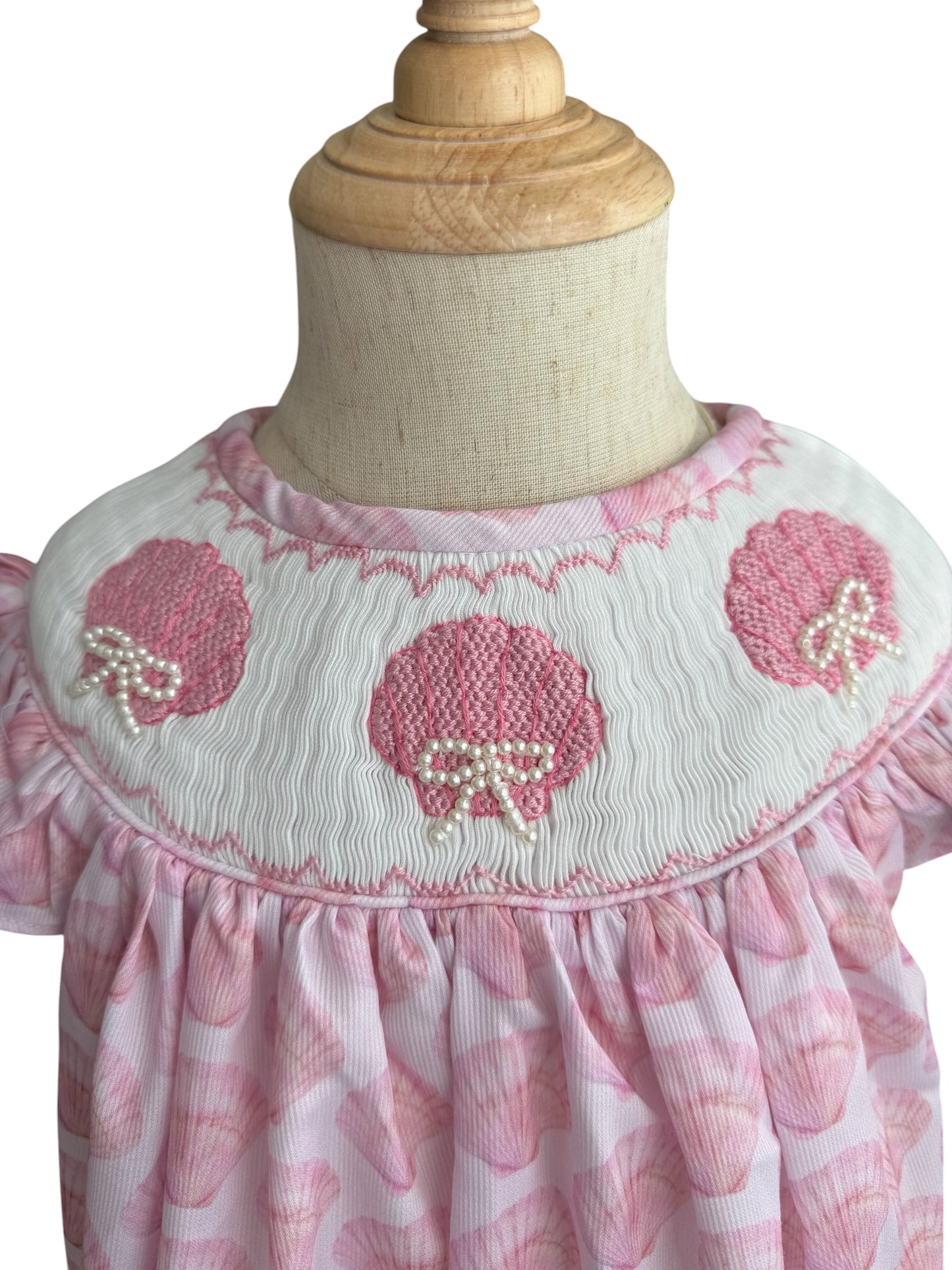 Hand Smocked Pink Shell Dress – Pearl Bow Smocked Dress for Girls | Beach Easter Dress | Sister Match Available