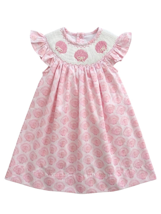 Hand Smocked Pink Shell Dress – Pearl Bow Smocked Dress for Girls | Beach Easter Dress | Sister Match Available