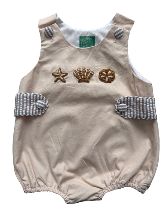 Tan French Knot Beach Bubble for Boys | Coastal Baby Boy Romper | Seersucker Tabs | Summer Outfit