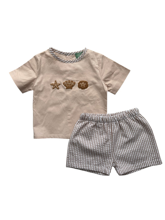 Boys French Knot Seashell Short Set – Tan Coastal Sibling Match Outfit