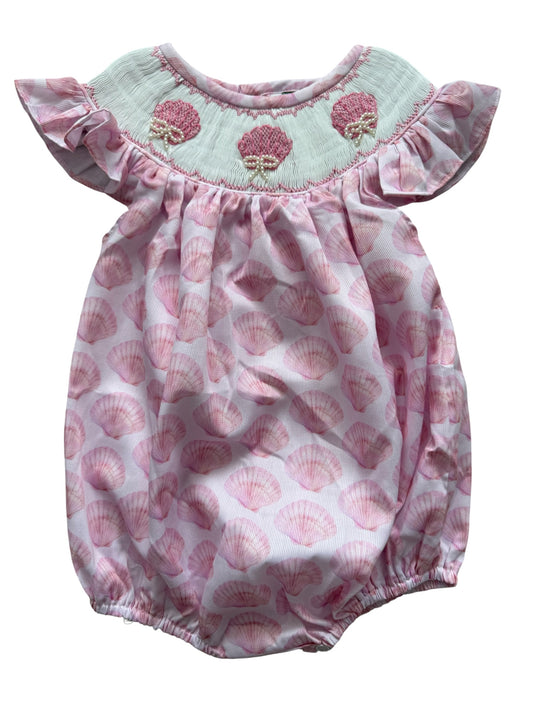 Hand Smocked Pink Shell & Pearl Bubble – Girls Beach Outfit