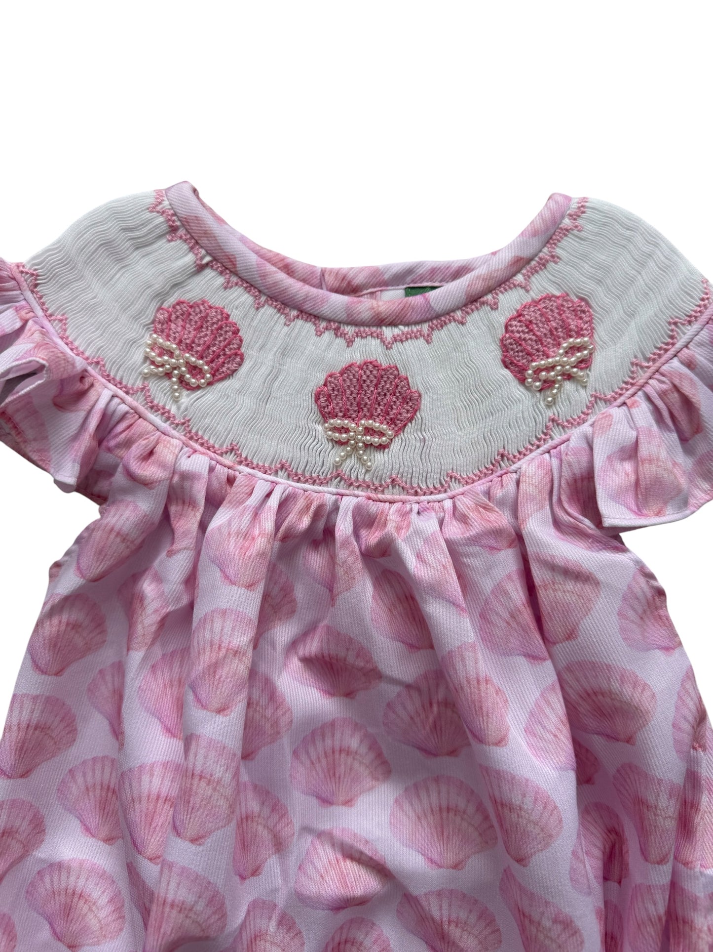 Hand Smocked Pink Shell & Pearl Bubble – Girls Beach Outfit