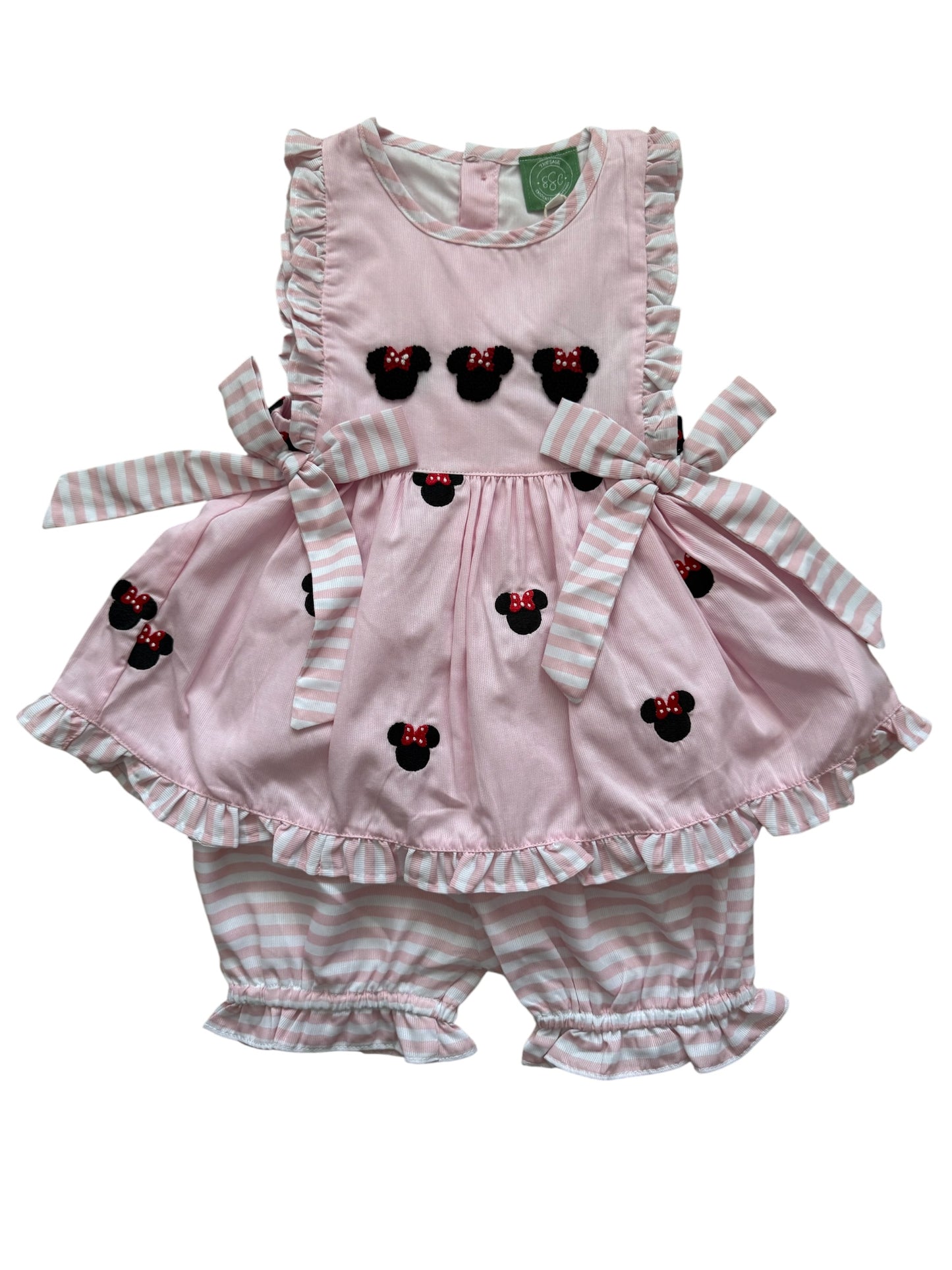 Pink Minnie French Knot Bloomer Set – Mouse Embroidered Girls Outfit