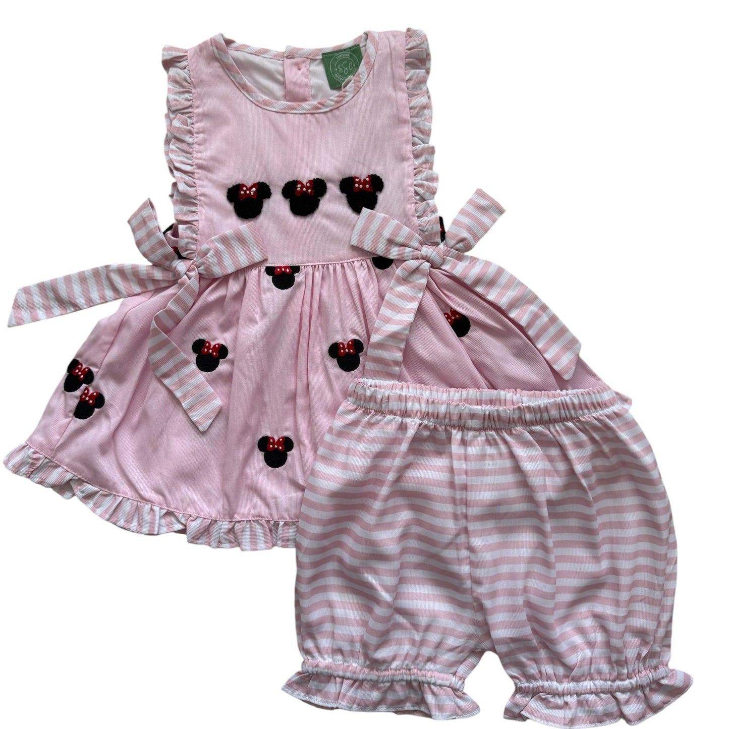 Pink Minnie French Knot Bloomer Set – Mouse Embroidered Girls Outfit