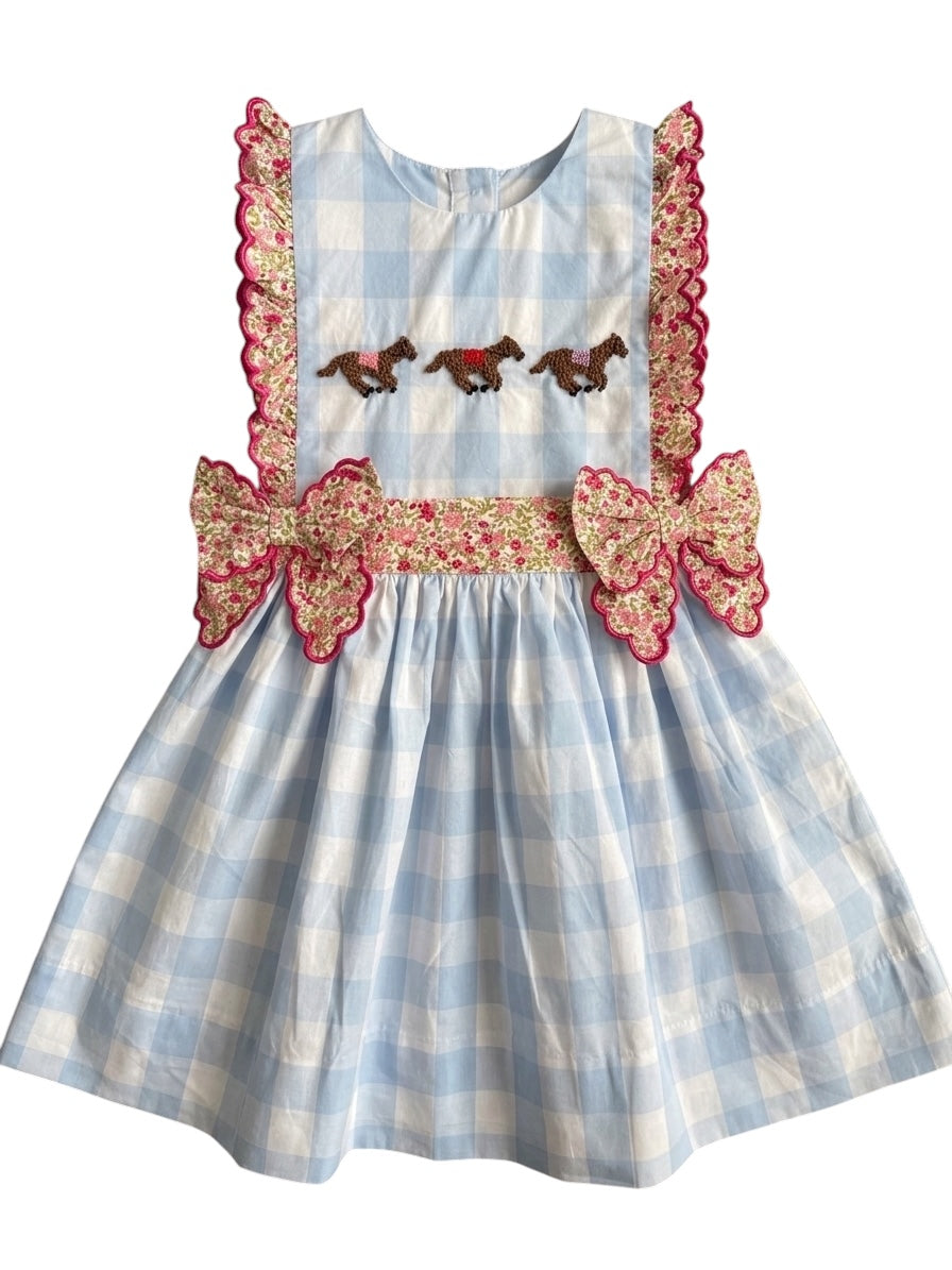 French Knot Horse Racing Dress | Blue Gingham Derby Dress for Girls