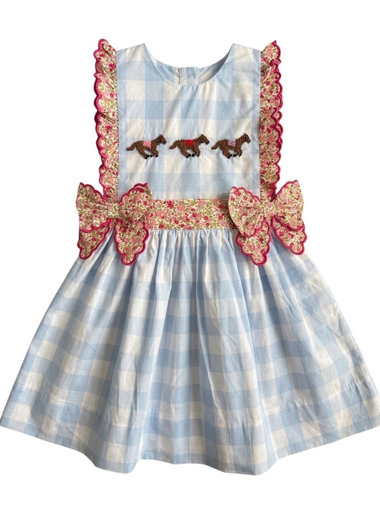 French Knot Horse Racing Dress | Blue Gingham Derby Dress for Girls