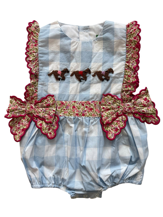 Girls French Knot Horse Derby Bubble – Blue Gingham Horse Racing Smocked Outfit