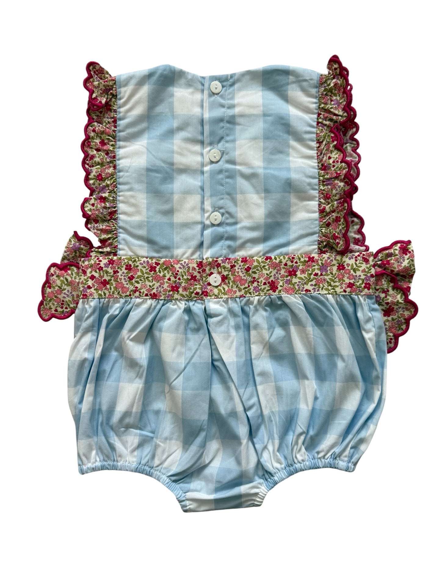 Girls French Knot Horse Derby Bubble – Blue Gingham Horse Racing Smocked Outfit
