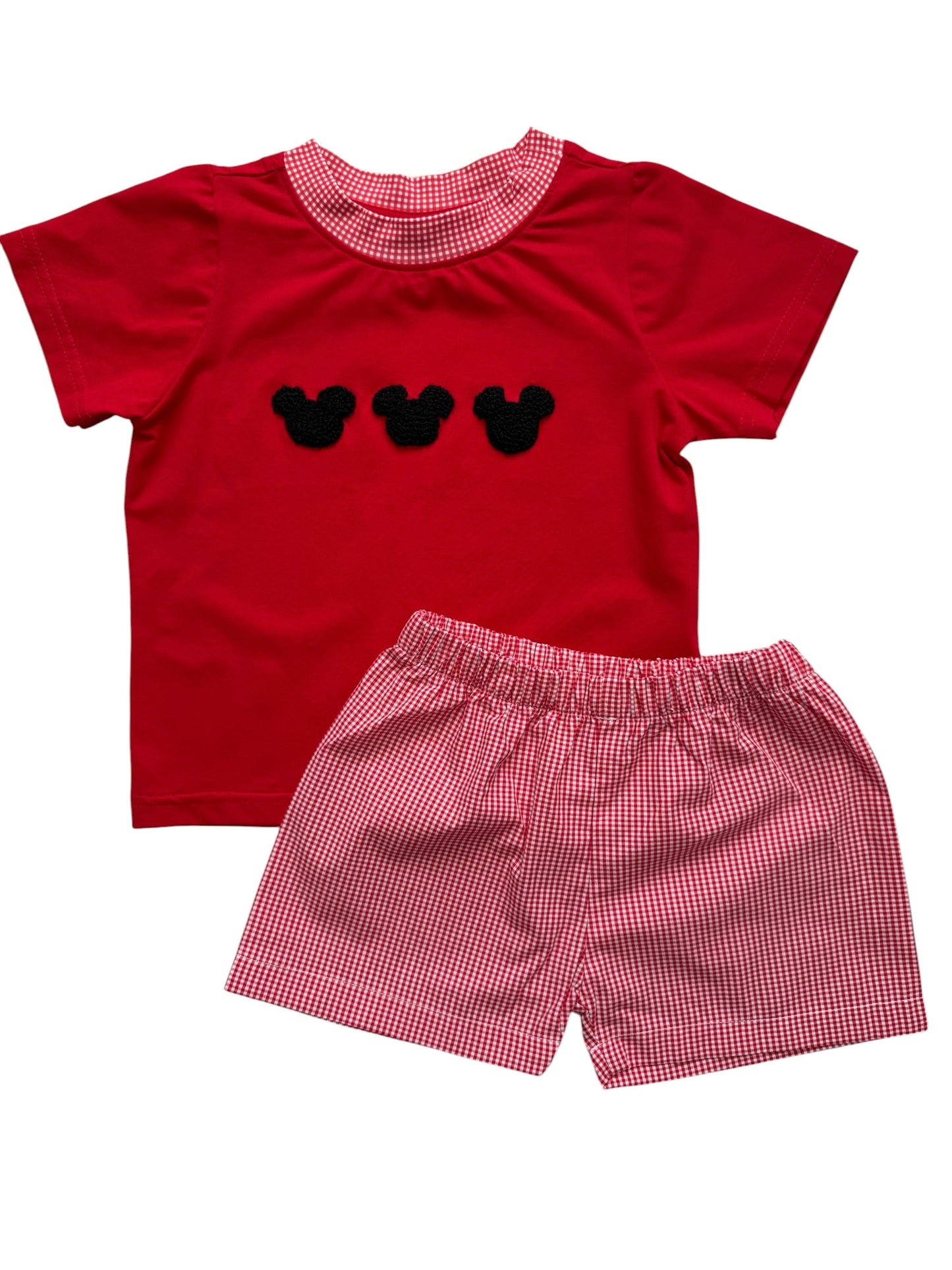 Mouse French Knot Boys Short Set – Red Gingham Smocked Outfit