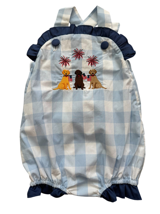 Patriotic Puppy Embroidered Bubble – Blue Gingham 4th of July Baby Outfit