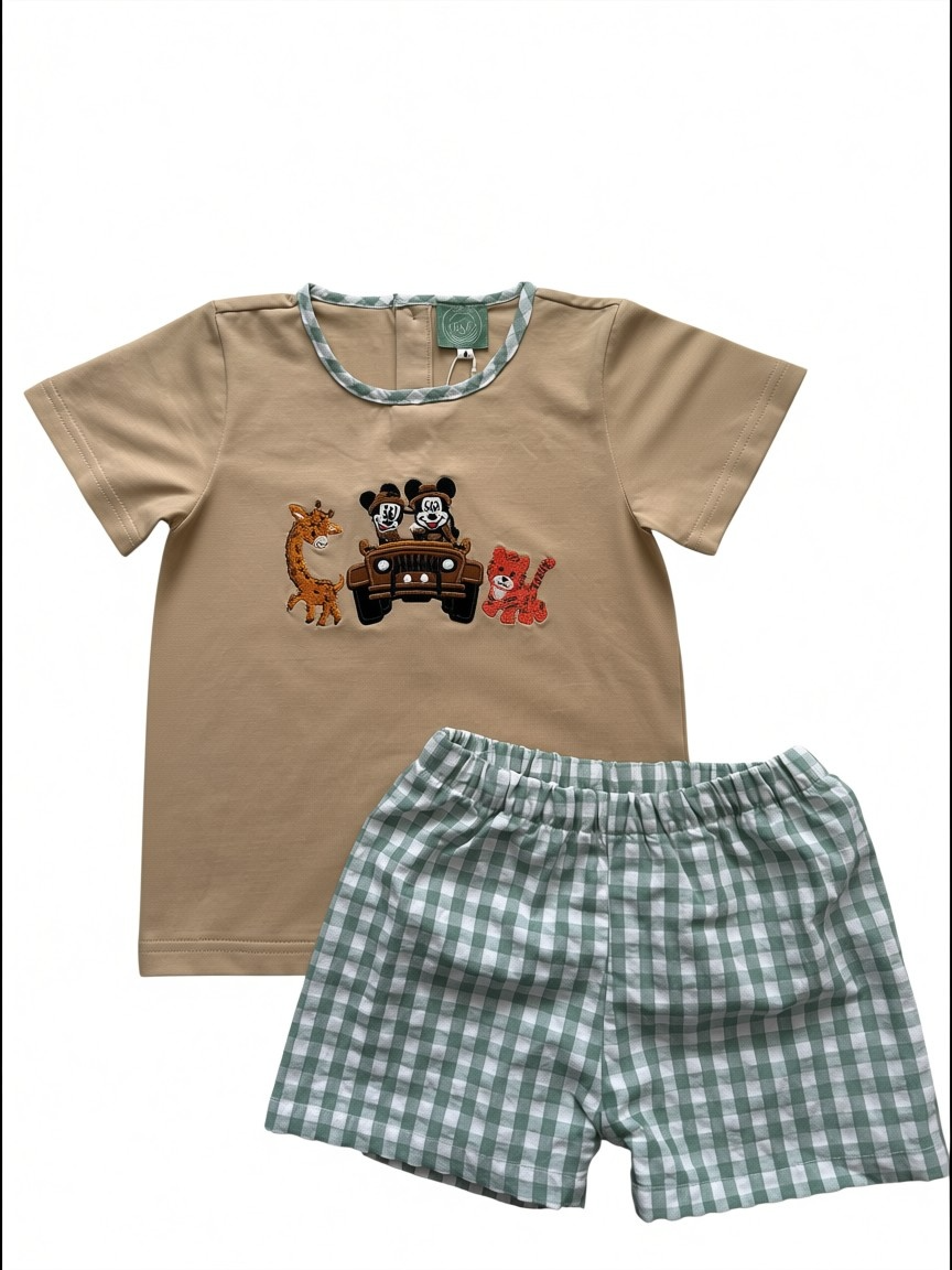 Mouse Jungle Jeep Applique Boy Outfit | Green Gingham Seersucker Short Set