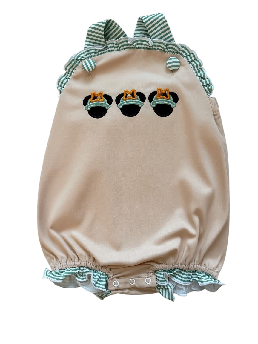 Girls Jungle Mouse Applique Bubble – Tan with Green/White  Ruffle Trim | Sister Match Available