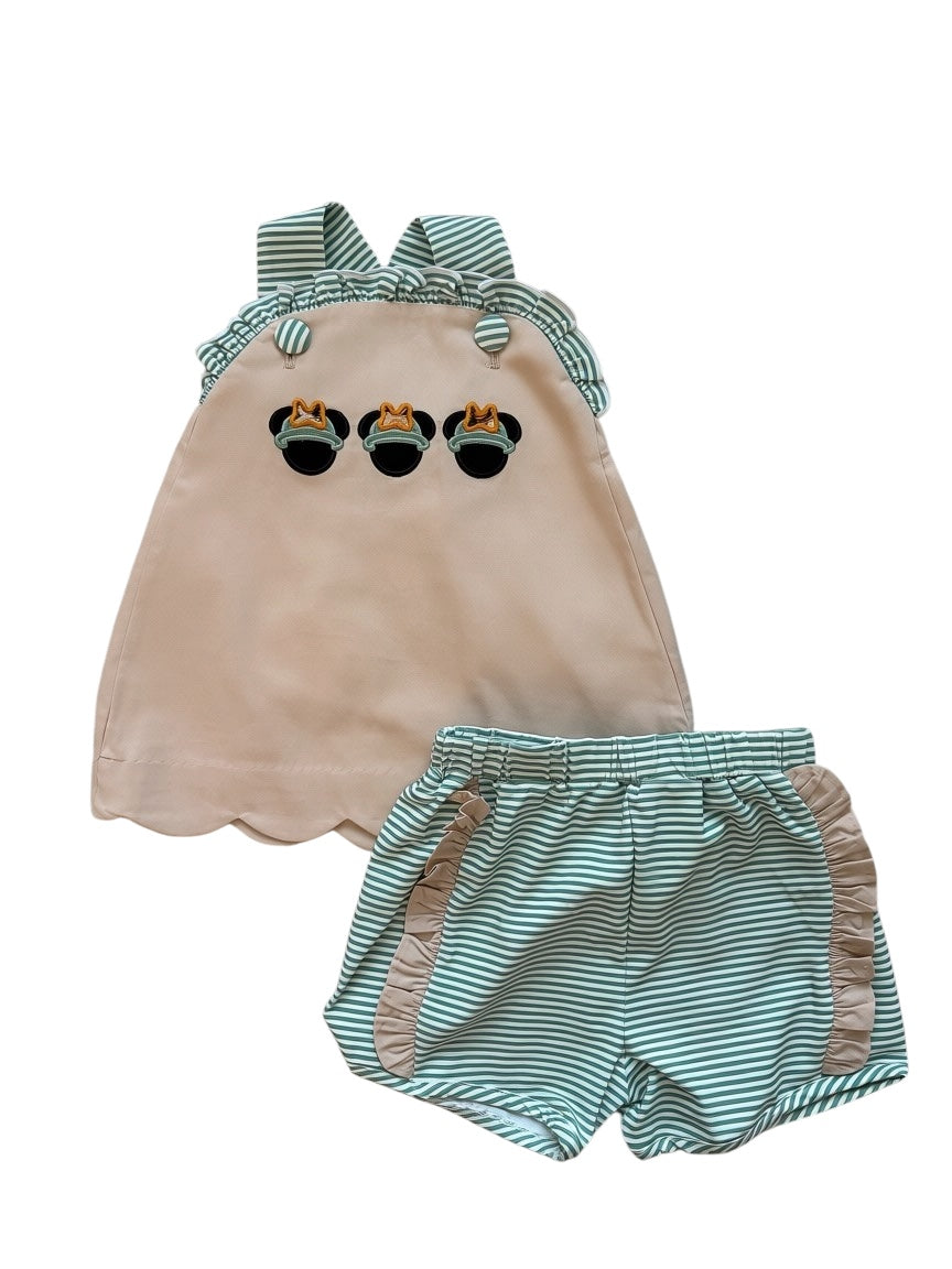 Girls Jungle Mouse Applique Short Set – Tan Top & Green Shorts | Sister Match Outfit