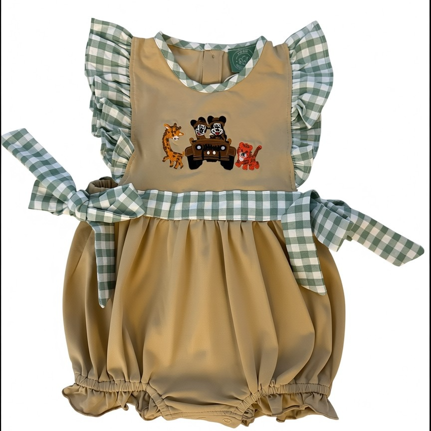 Jungle Mouse Safari Sister Bubble | Green Gingham Seersucker Trim Girl Outfit