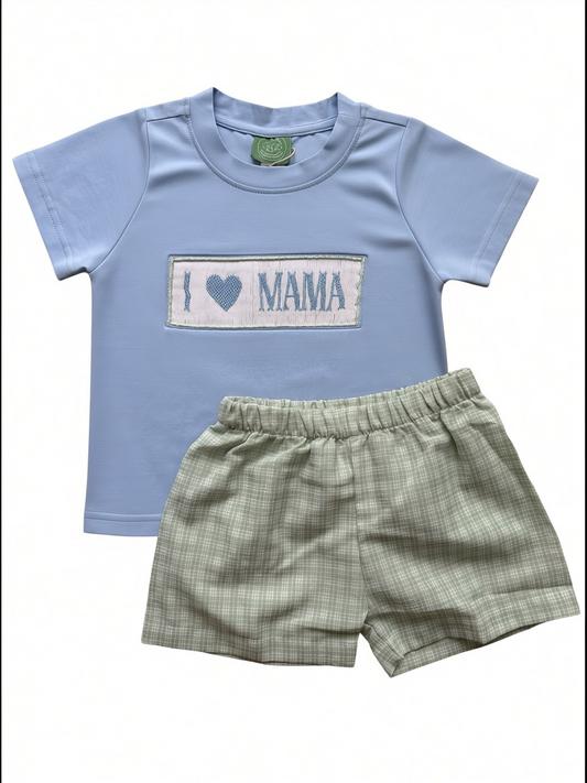 “I Love Mama” Boys Short Set – Hand Smocked Mother’s Day Outfit