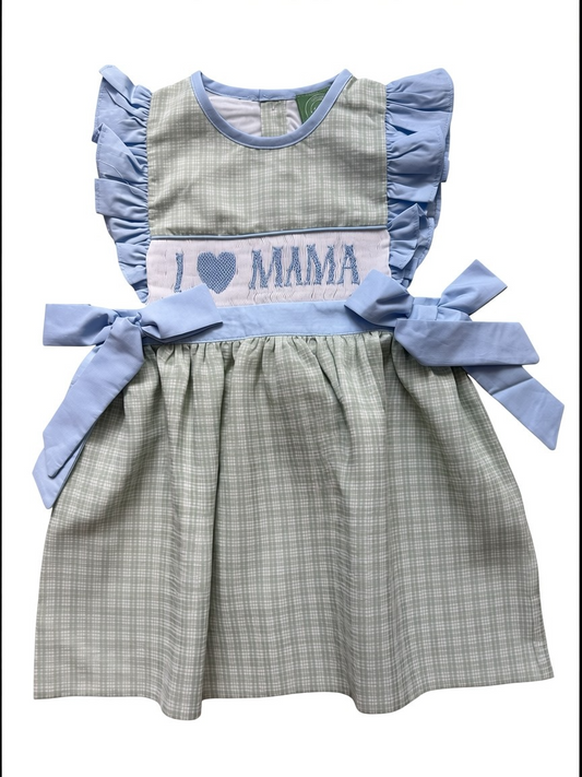 “I Love Mama” Smocked Sister Match Dress – Green Gingham Heirloom Dress