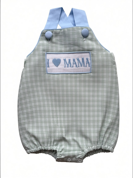 “I Love Mama” Boys Bubble Romper – Brother Match Hand Smocked Outfit
