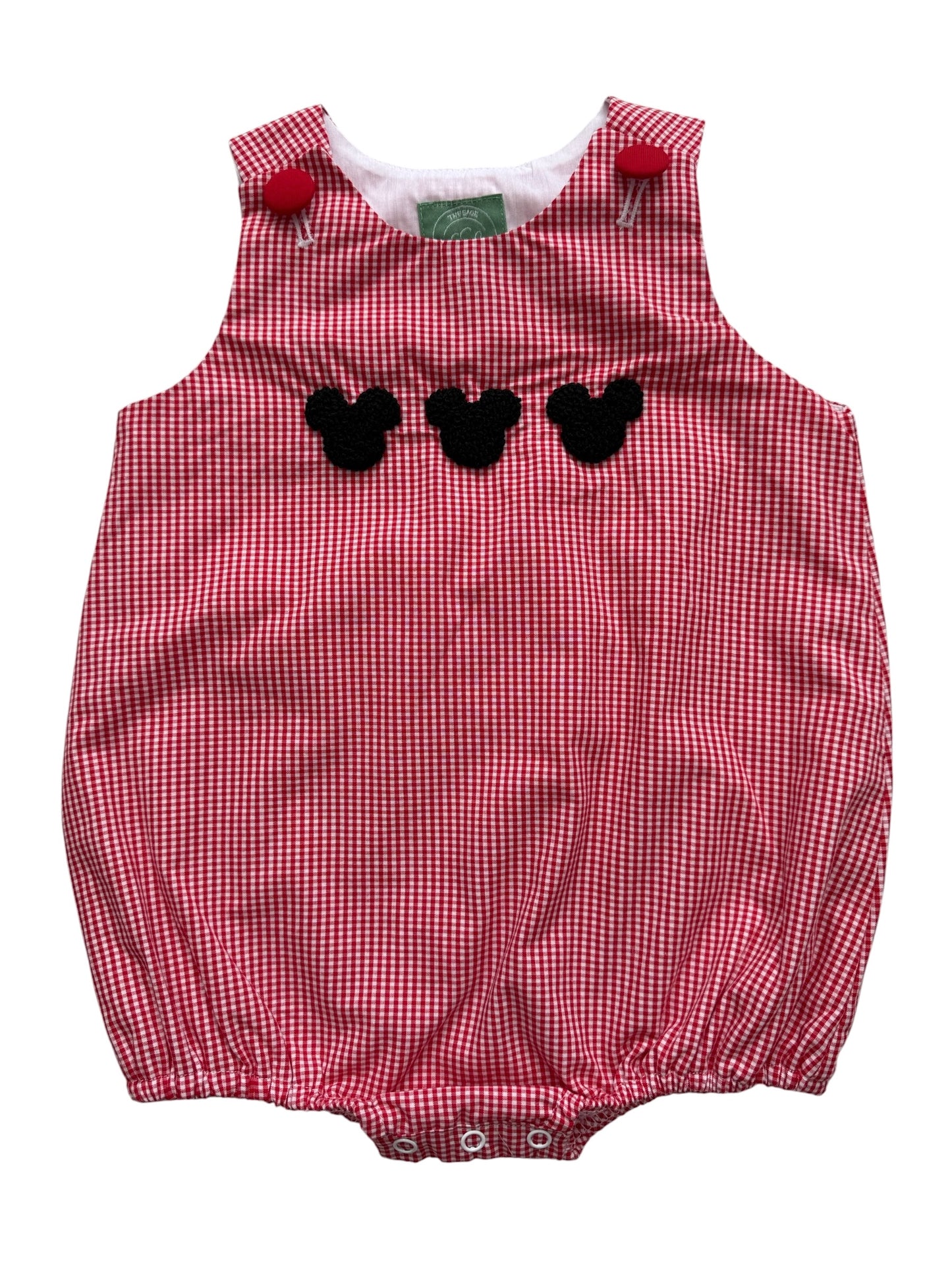 Mouse French Knot Boys Bubble – Red Gingham Smocked Baby Outfit