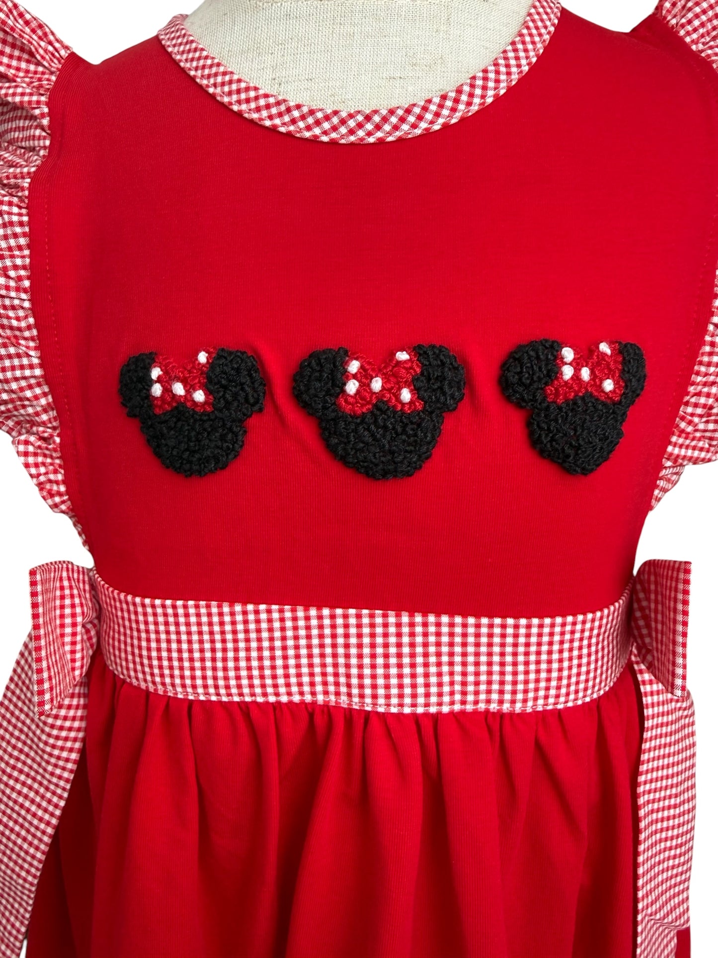 Red French Knot Mouse Dress with Gingham Bows | Girls Smocked Mouse-Inspired Dress