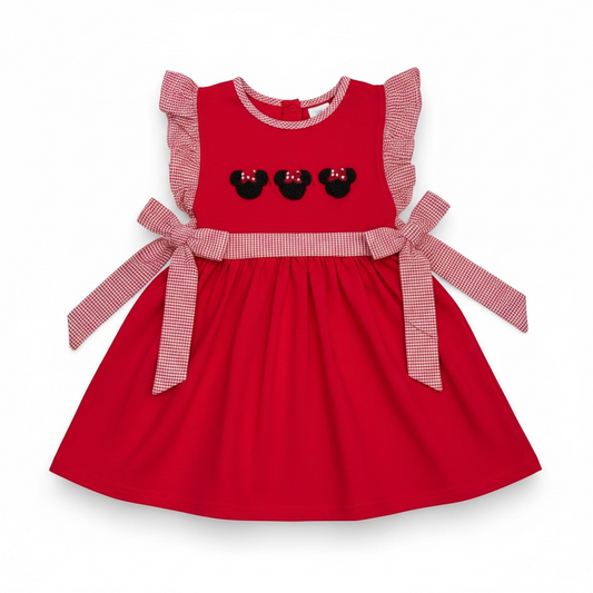 Red French Knot Mouse Dress with Gingham Bows | Girls Smocked Mouse-Inspired Dress