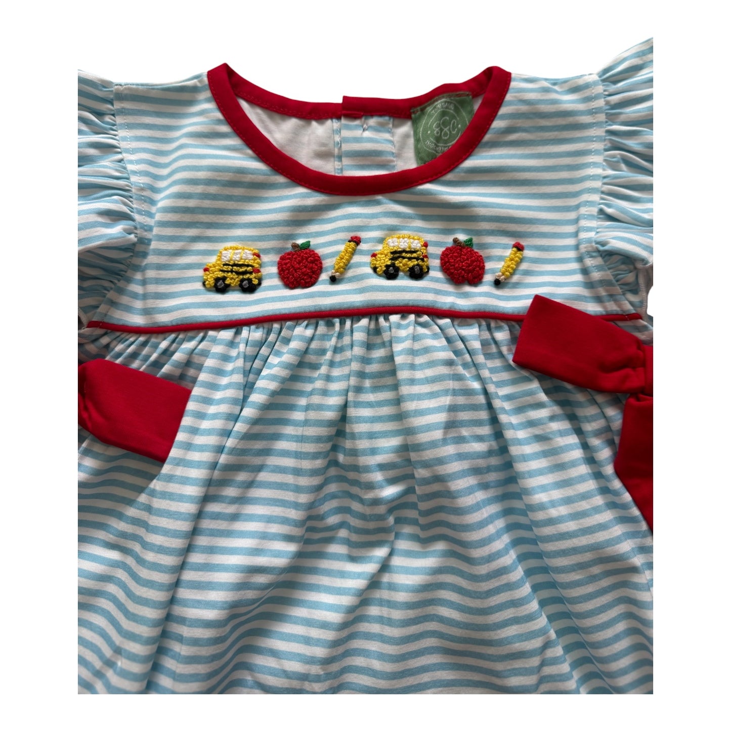 Back to School French Knot Girls Ruffle Short Set with Side Bows
