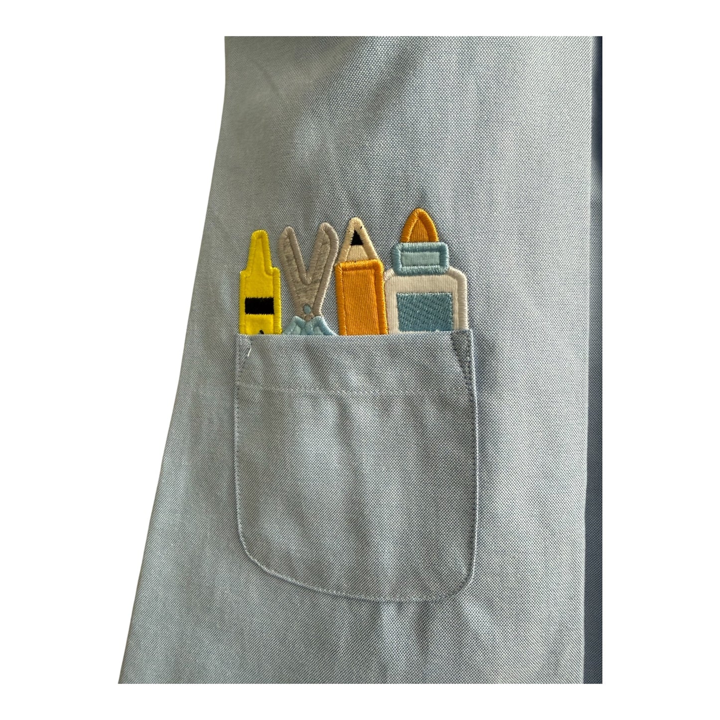 Back to School Girls Embroidered Chambray Dress with Scalloped Collar & School Supply Pockets