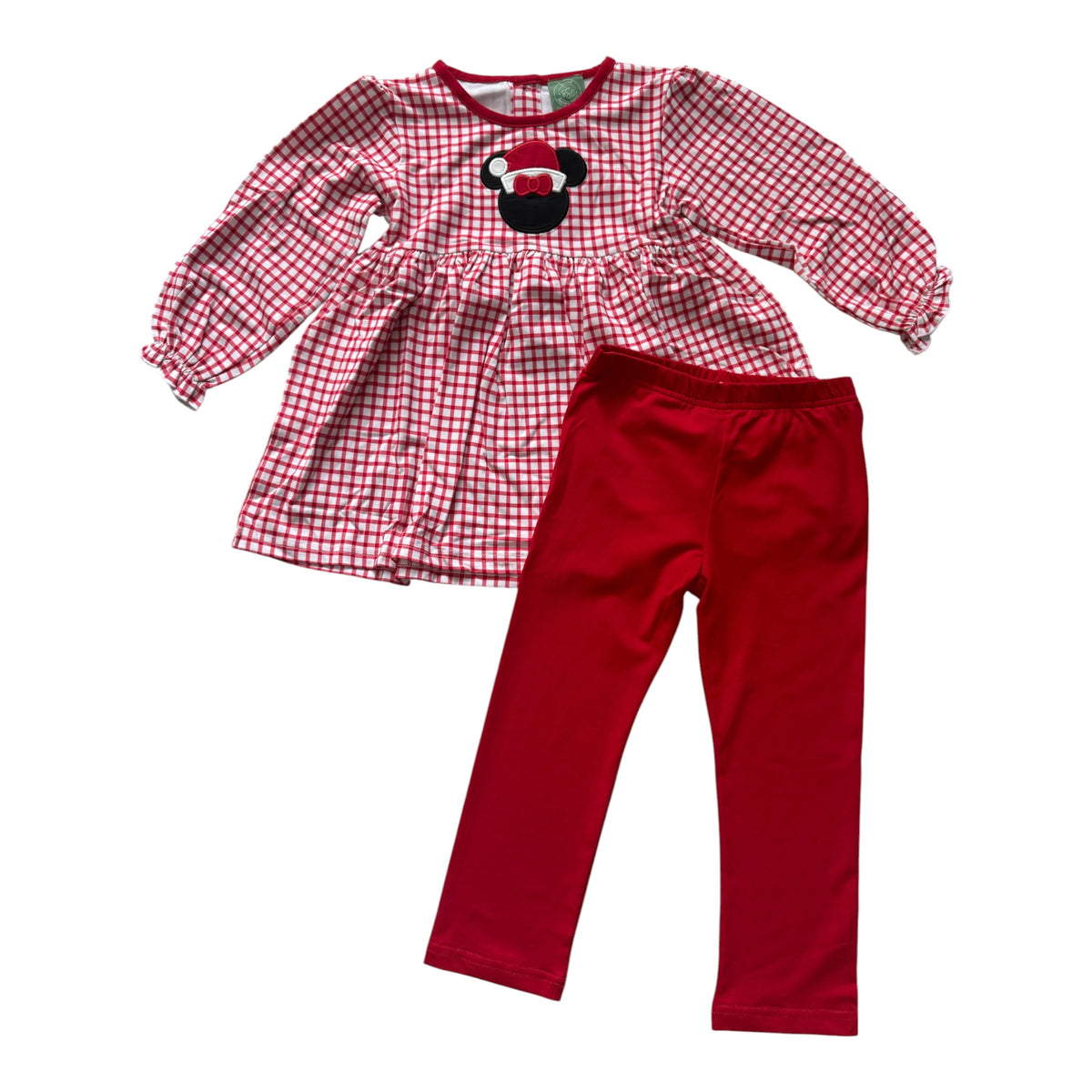 Girl’s Christmas Mouse Appliqué Red Gingham Legging Set