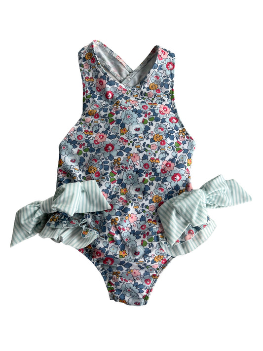 Blue Floral Girls Bathing Suit Criss Cross Back Tie Bows and Ruffles