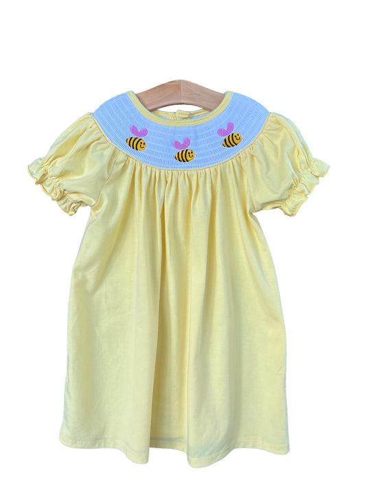 Girls Smocked Bumble Bee Yellow Dress with short sleeves