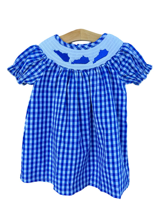 Smocked Kentucky State Blue & White Gingham Dress short sleeves